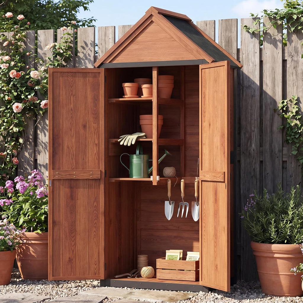 Aoxun Tall Wooden Garden Cabinet 70x38x166cm, 3 Shelves and Asphalt Roof