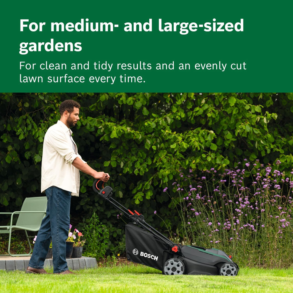 Bosch Cordless Lawn Mower ROTAK18V2-43 (Cutting Width: 43 cm, Height of Cut: 30-75 mm, 50 l Fabric Grass Bag, Mulch Plug, Without Battery)