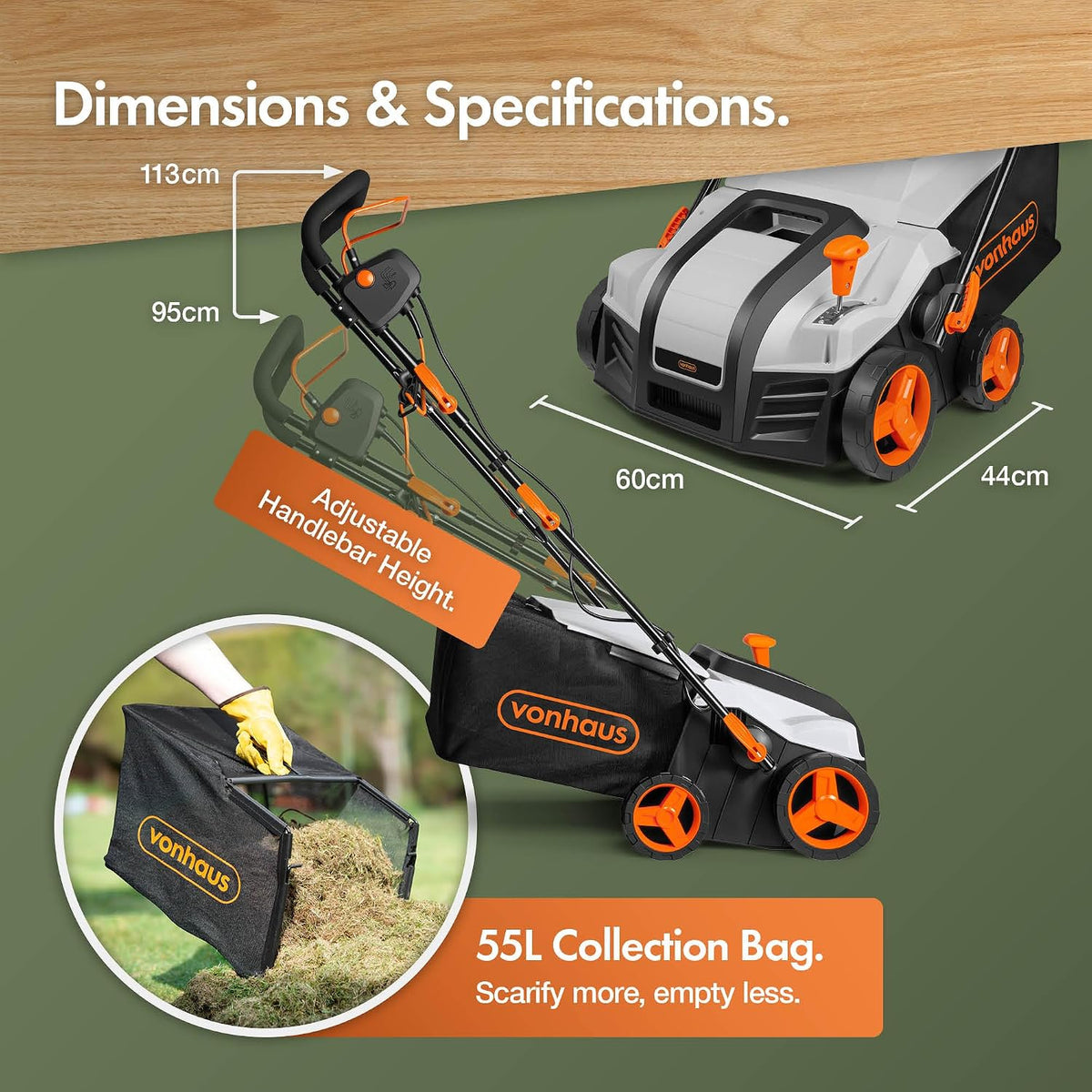 VonHaus Lawn Scarifier/Aerator/Rake Corded 1800W – 55L Box, 10m Cable