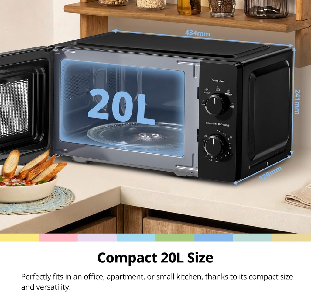 COMFEE' 20L Compact Black Microwave Oven, 700W Solo Manual Countertop Microwave with 5 Power Levels, Quick Defrost, Easy Clean, Dial Timer, Ideal for Small Kitchens - CMO-MM20L2NFPF(BK)