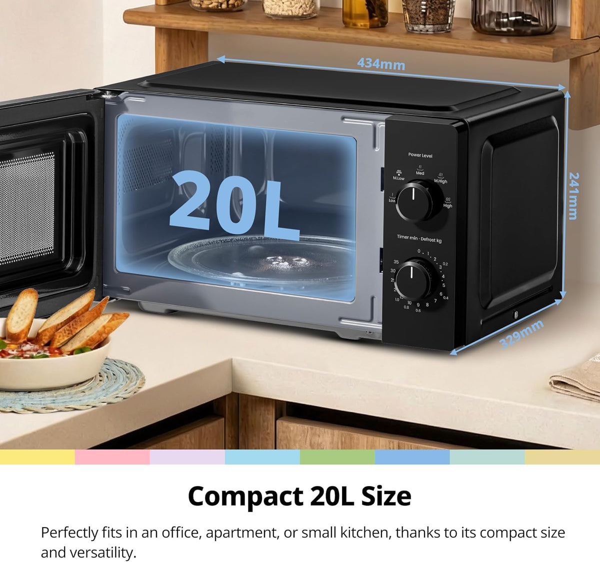 COMFEE' 20L Compact Black Microwave Oven, 700W Solo Manual Countertop Microwave with 5 Power Levels, Quick Defrost, Easy Clean, Dial Timer, Ideal for Small Kitchens - CMO-MM20L2NFPF(BK)