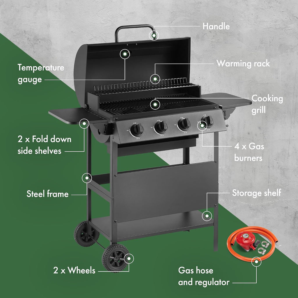 VonHaus Gas BBQ – Barbecue with x4 Gas Burners, Warming Rack, Fold Down Shelves, Temperature Gauge, Wheels, Large Cooking Grill & More – Barbeque that can Grill Meat, Fish & Vegetables