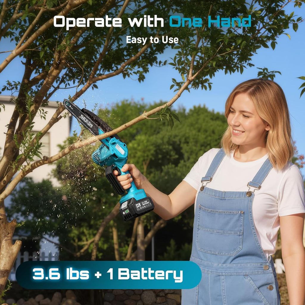 SEESII 8 Inch Mini Cordless Chainsaw with 4000mAh x2 Batteries