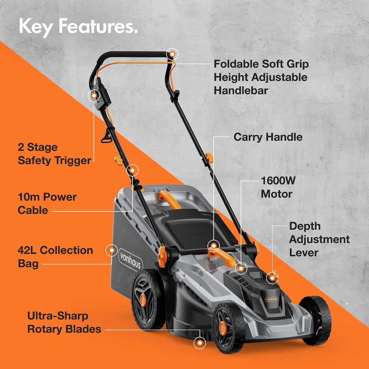 VonHaus Lawnmower Corded 1600W – 42L Box, 10m Cable