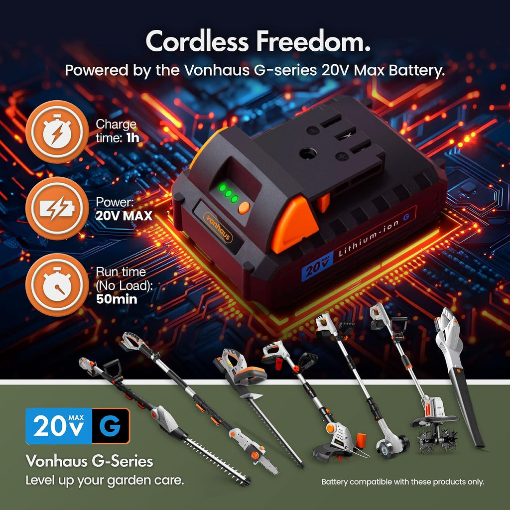 VonHaus Pole Hedge Trimmer Cordless 20V – x2 Batteries & Charger, G-Series