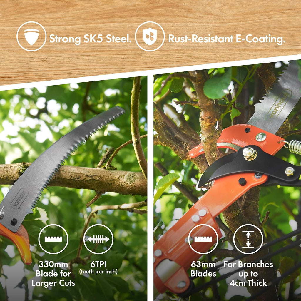 VonHaus Telescopic Tree Pruner & Lopper 2 in 1 – Long Reach 5.3m Cutter, Retractable & Extendable Pole Saw for Branches – Lightweight Aluminium Pole, Steel Blade – Blade Cover Included