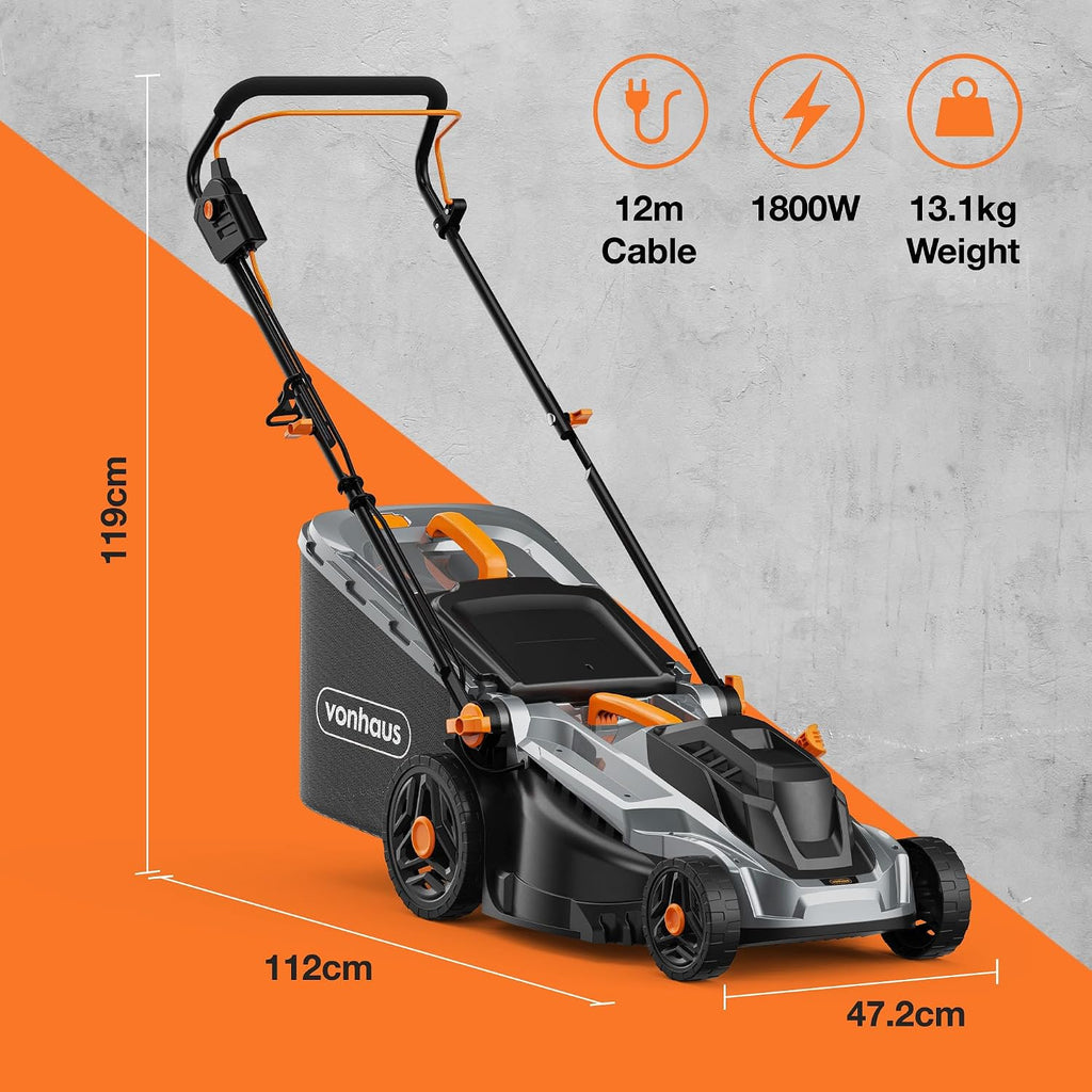 VonHaus Lawnmower Corded 1800W – 52L Box, 12m Cable, Mulching Attachment