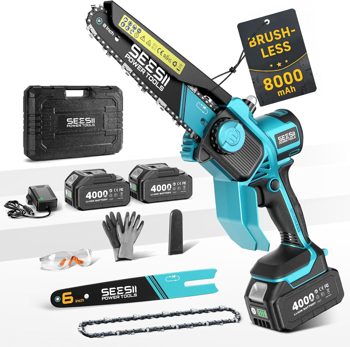 SEESII Mini Chainsaw 8 Inch & 6 Inch, Brushless, 2x4000mAh Batteries