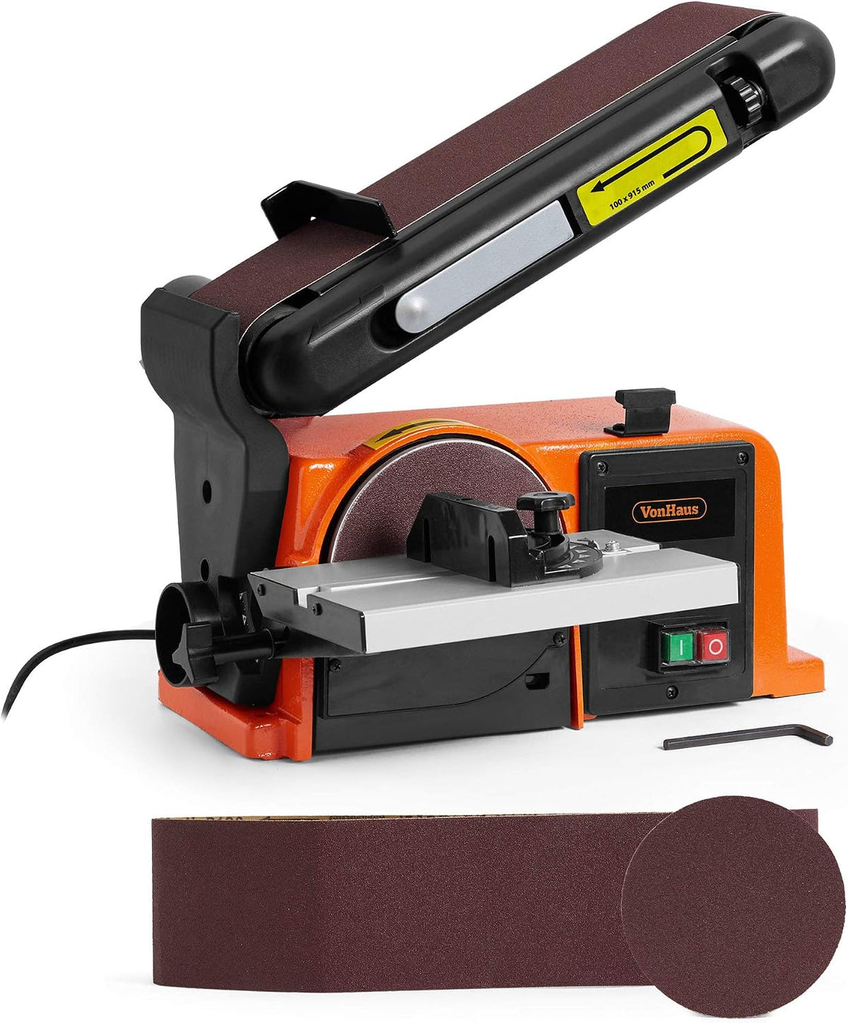 VonHaus Benchtop Belt & Disc Sander, 100mm x 915mm, with Cast Iron Base and Integrated Dust Port - Removable Table, Sanding Belt and Disc Included