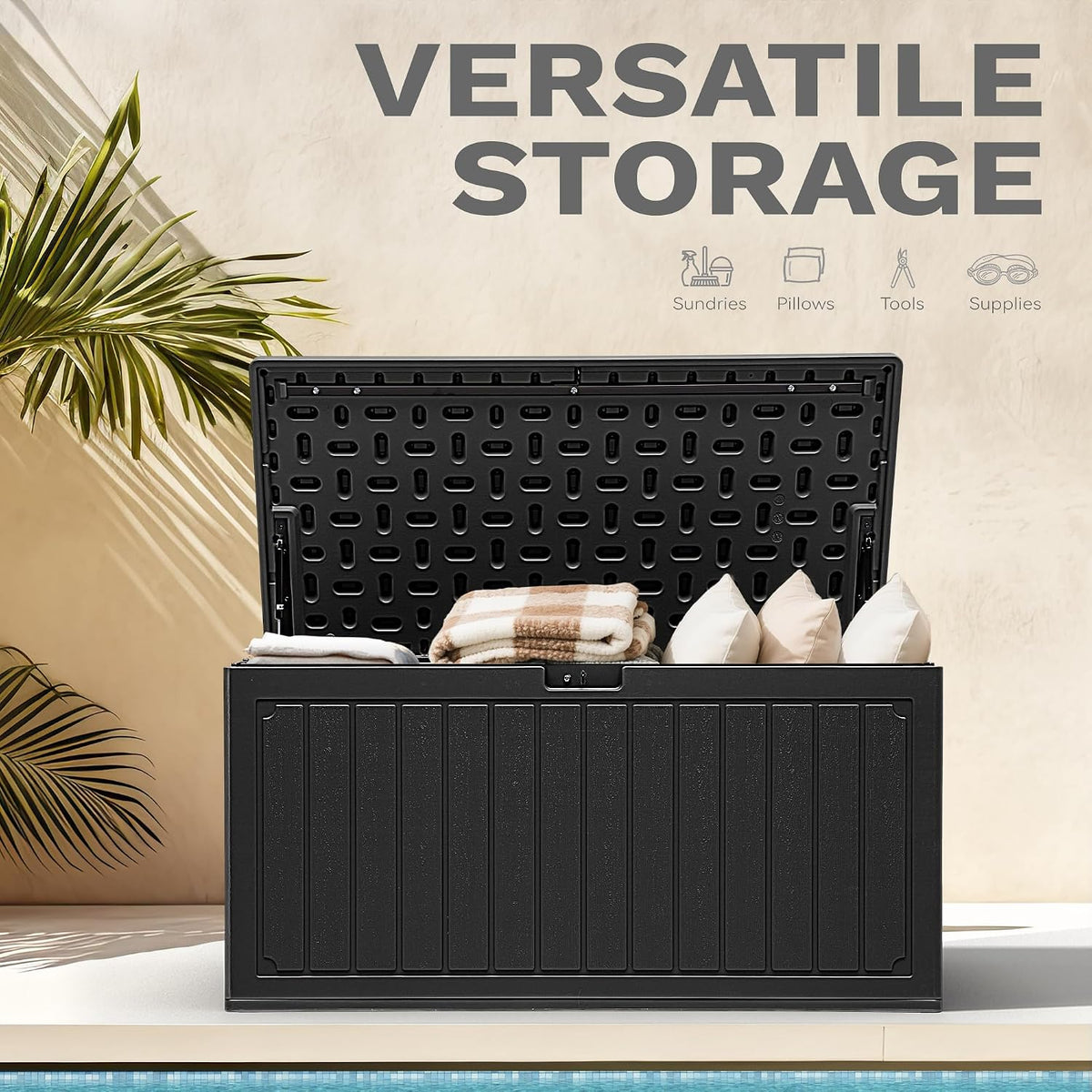 DWVO 340L Resin Outdoor Storage Box, Double-Wall Waterproof Deck Box with Wood Texture, Lockable Garden Storage that Doubles as Table or Bench (450 lbs Capacity)–Black