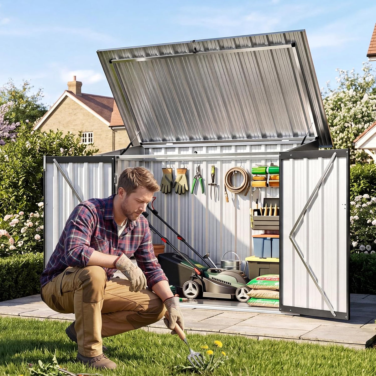 Aoxun 4.7x2.9ft(Overall Dimensions) Metal Garden Shed, Openable Front & Top Doors, Outdoor Galvanized Tool Storage Shed, Sheds and Outdoor Storage for Backyard Garage Lawn, Black