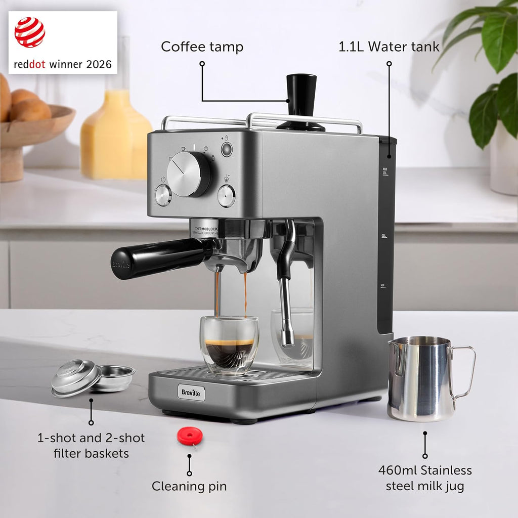 Breville Barista Slimline Espresso Machine, 15 Bar Pump, Integrated Milk Frother, Compact Design, Silver [VCF185]
