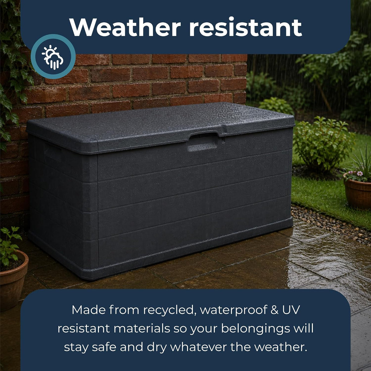Large Garden Storage Box with Lid - 340L Lockable Plastic Outdoor Storage for Parcels, Cushions, Tools, Logs and More - Grey, Water-Resistant Deck Box for Garden or Garage