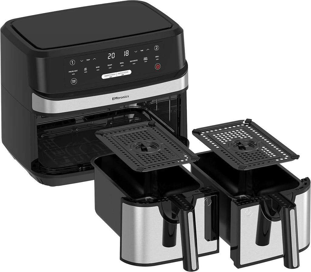 EMtronics EMAFDD9LSL Dual Air Fryer Extra Large Family Size Double XL 9 Litre with 8 Pre-Set Menus for Oil Free & Low Fat Healthy Cooking, Easy Clean Metal Interior, 99-Minute Timer - Stainless Steel