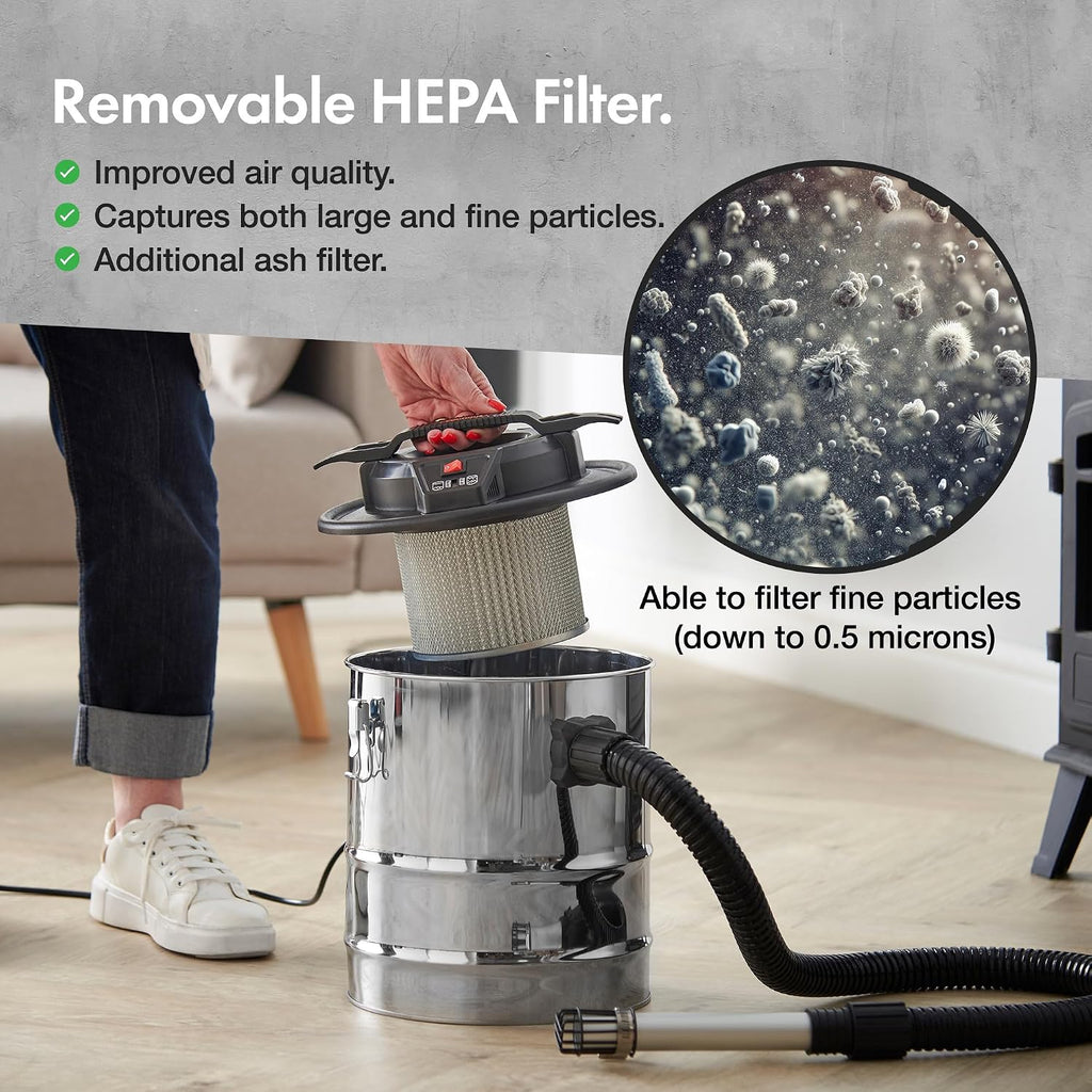 VonHaus 15L Ash Vacuum Cleaner – 1000w Home or Workshop Hoover – Industrial Vacuum Cleaner – Ash Dust Collector w/ 1.25m Hose for Fireplaces, Grills, BBQ’s, Fire Pits, Stoves, Log Burners & Chimineas
