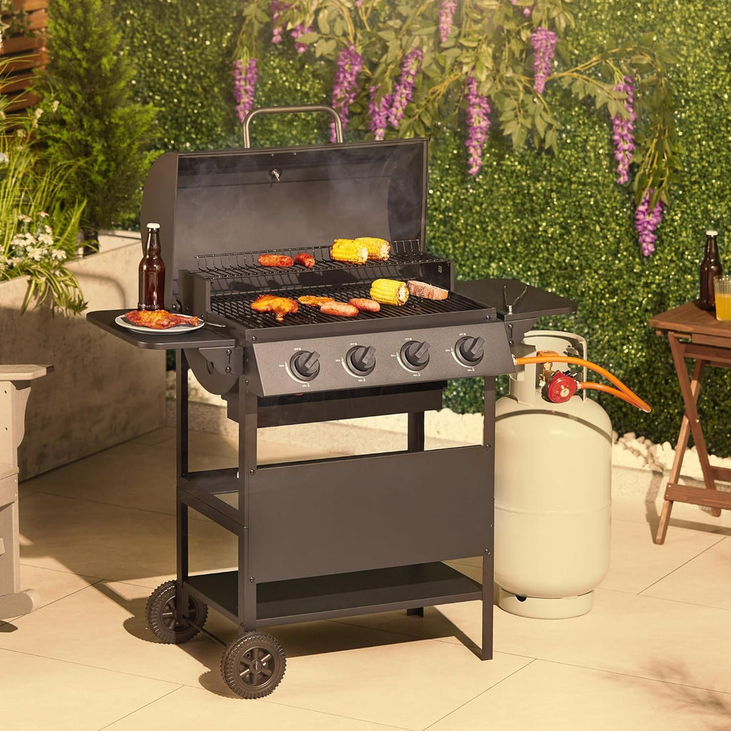 VonHaus Gas BBQ – Barbecue with x4 Gas Burners, Warming Rack, Fold Down Shelves, Temperature Gauge, Wheels, Large Cooking Grill & More – Barbeque that can Grill Meat, Fish & Vegetables
