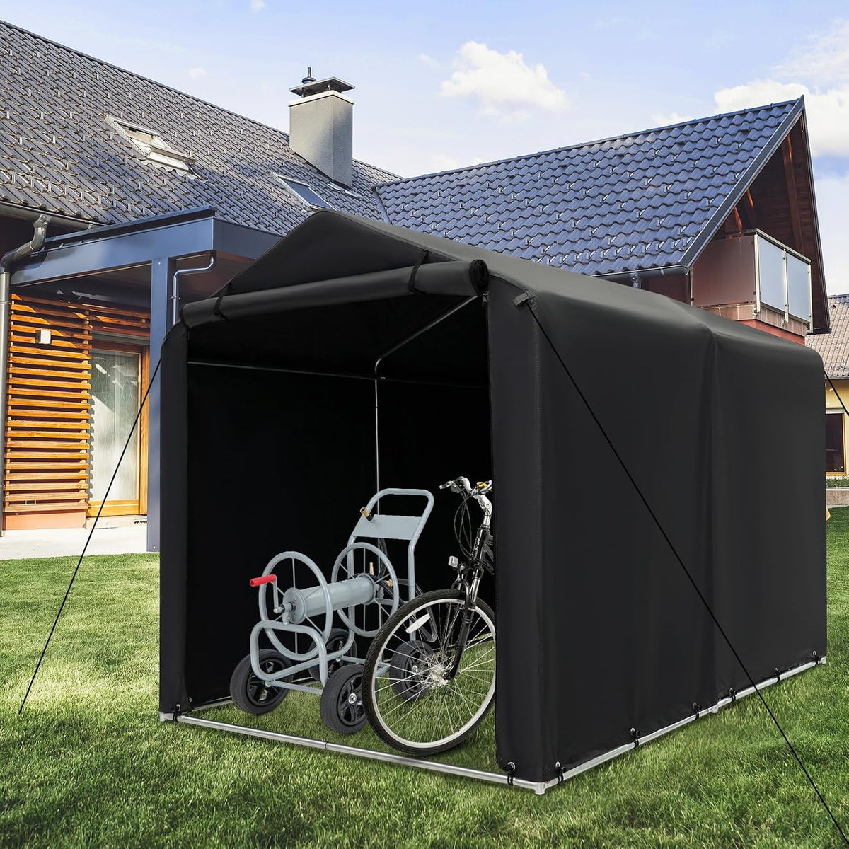 COSTWAY 7x5.2FT Outdoor Storage Shed, Waterproof Garden Bike Tent with Roll-up Zipper Door and Gloves, Galvanized Steel Motorcycle Tool Storage Shelter Carport for Patio Yard Garage (Dark Grey)