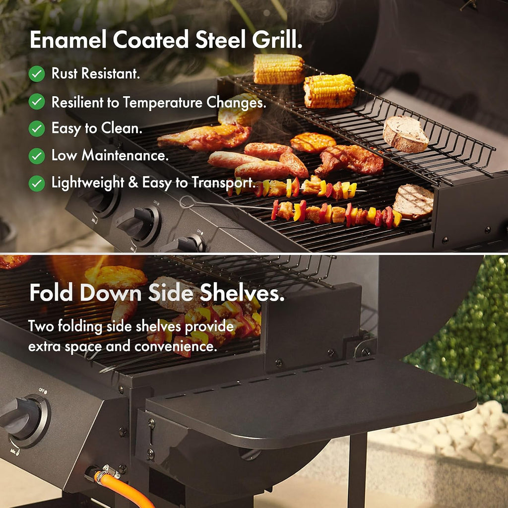 VonHaus Gas BBQ – Barbecue with x4 Gas Burners, Warming Rack, Fold Down Shelves, Temperature Gauge, Wheels, Large Cooking Grill & More – Barbeque that can Grill Meat, Fish & Vegetables