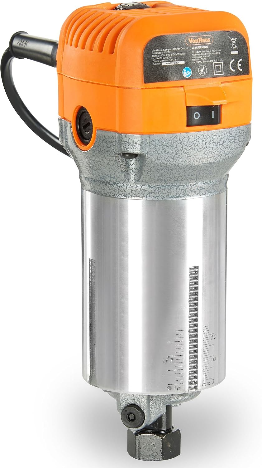VonHaus - Compact Palm Router Saw 710W - Electric Trimmer Router Corded - Chuck Collect Diameter 1/4”, 3/8” - 220V Wood Cutter - Trimmer Base for Wood/Laminate Flooring - 6 Speed Setting
