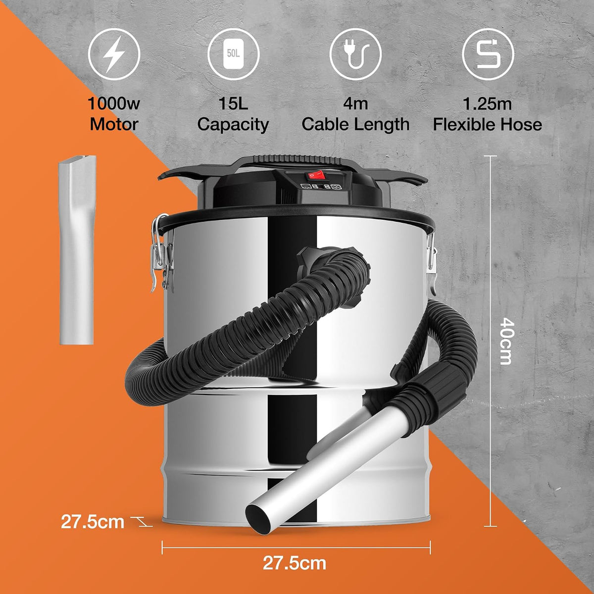 VonHaus 15L Ash Vacuum Cleaner – 1000w Home or Workshop Hoover – Industrial Vacuum Cleaner – Ash Dust Collector w/ 1.25m Hose for Fireplaces, Grills, BBQ’s, Fire Pits, Stoves, Log Burners & Chimineas