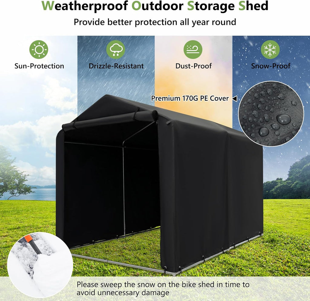 COSTWAY 7x5.2FT Outdoor Storage Shed, Waterproof Garden Bike Tent with Roll-up Zipper Door and Gloves, Galvanized Steel Motorcycle Tool Storage Shelter Carport for Patio Yard Garage (Dark Grey)