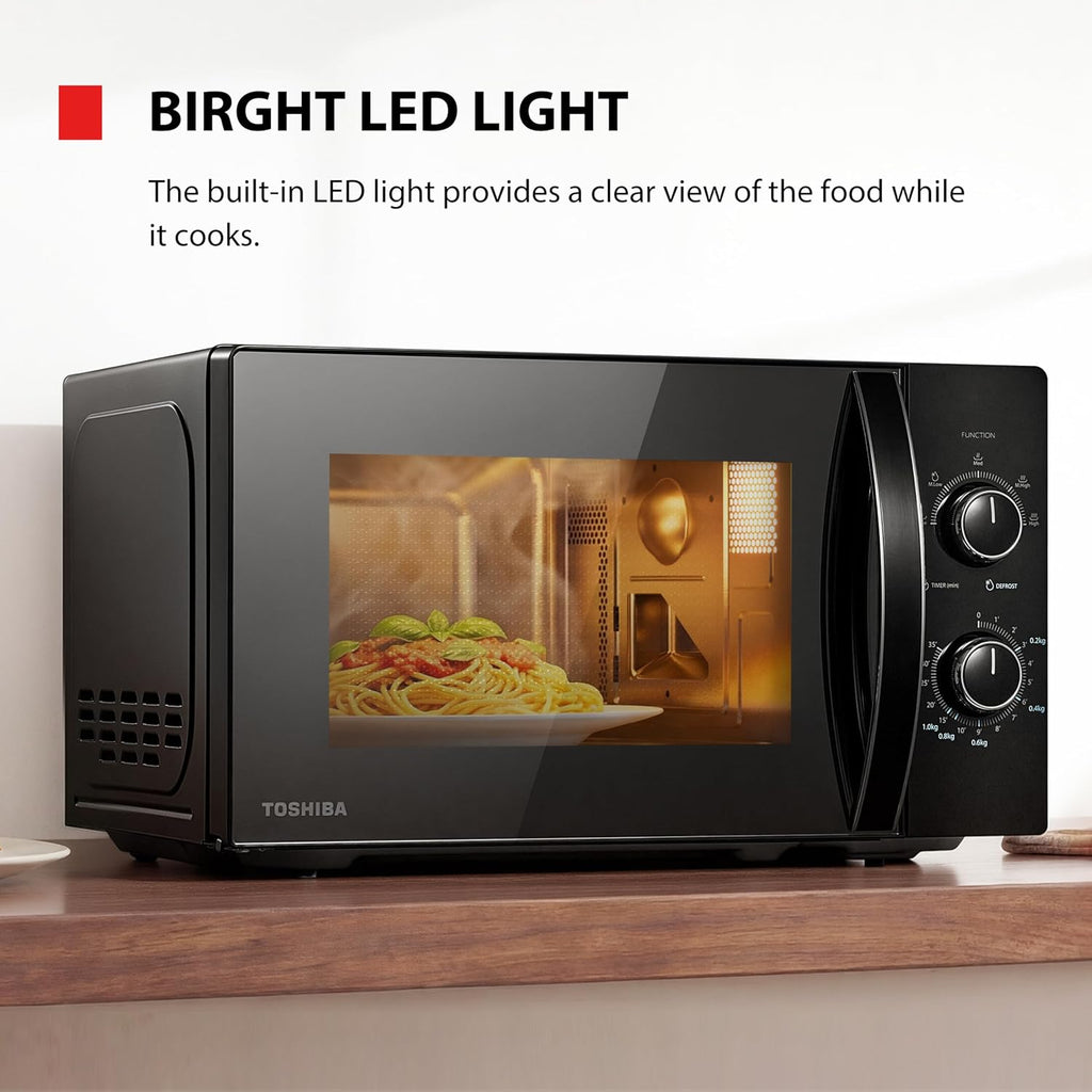 TOSHIBA Black Mirror Front Microwave 20 Liter 700W Manual Control, Compact with 5 Power Levels, Automatic Defrost, Perfect for 9'' Pizza, Clock and Timer, Easy Clean, MW2-MM20PF(MB)