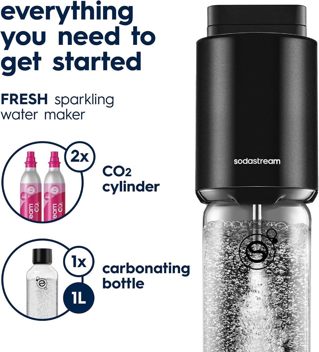 Sodastream FRESH Sparkling Water Maker Black Starter Kit, 2 CO2 & 1L Bottle