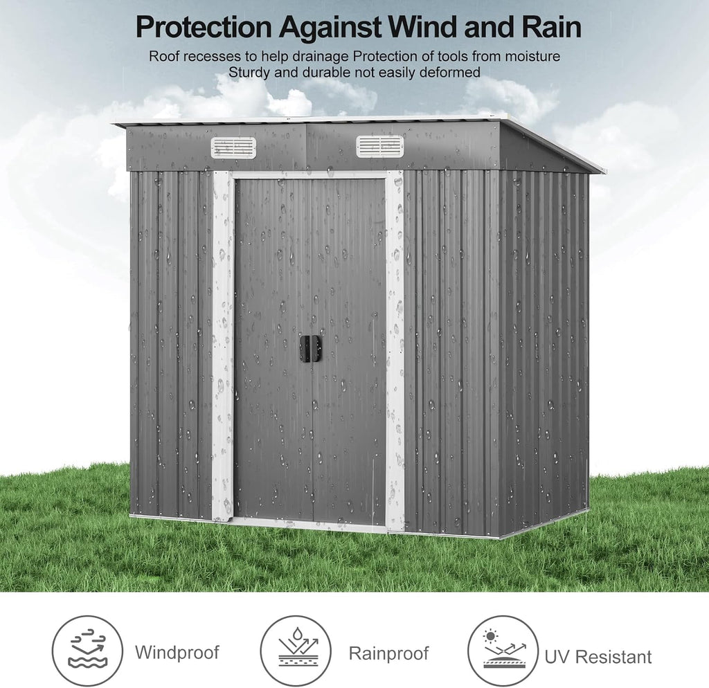 Panana Metal Garden Shed Storage Sheds Heavy Duty Outdoor FREE Base Foundation Green/Grey Color (6X4 Grey)