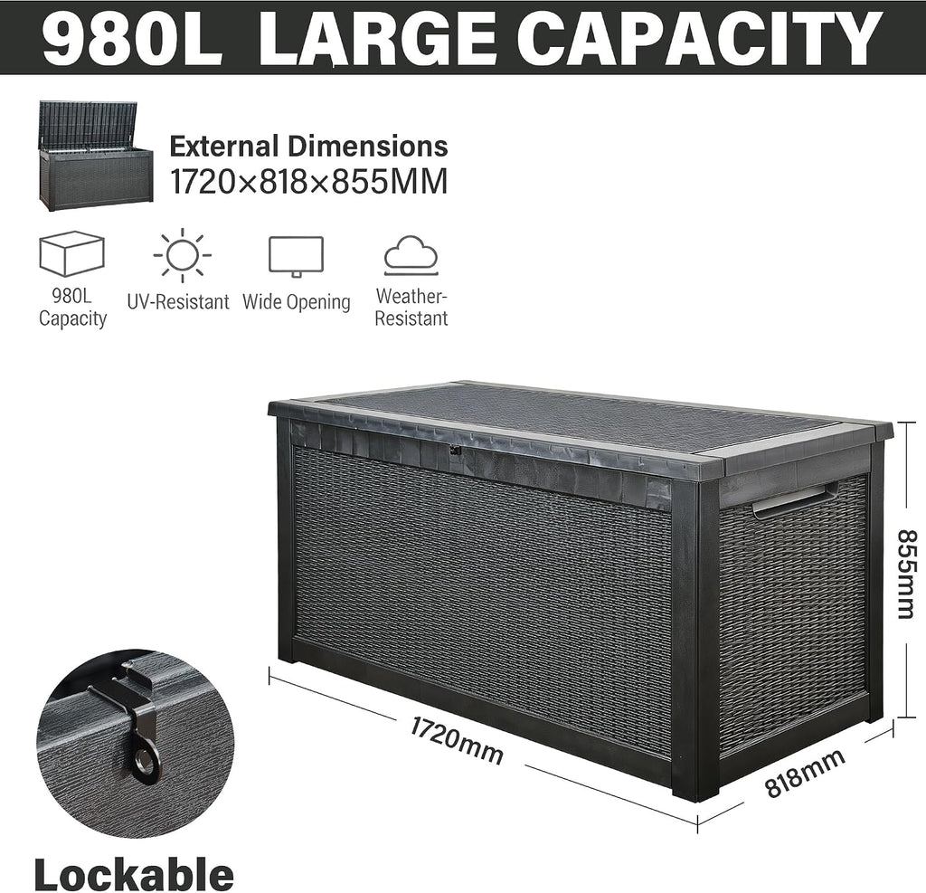 Aweather 980L Garden Furniture Storage Box, Large Capacity Patio Outdoor Container with Lockable Lid, Weather Resistant Shed for Tools, Cushions, Accessories