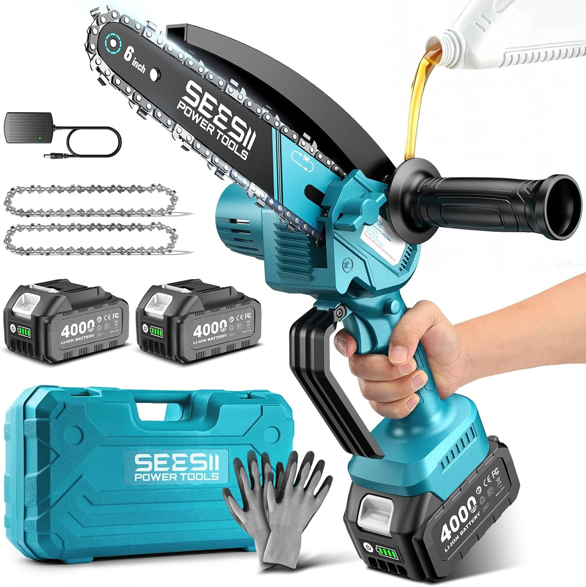 SEESII Mini Chainsaw Cordless 6 Inch with 2×4000mAh Batteries