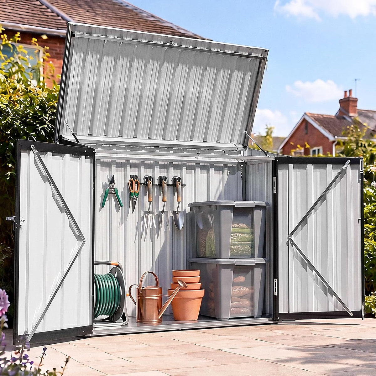 Aoxun 4.7x2.9ft(Overall Dimensions) Metal Garden Shed, Openable Front & Top Doors, Outdoor Galvanized Tool Storage Shed, Sheds and Outdoor Storage for Backyard Garage Lawn, Black