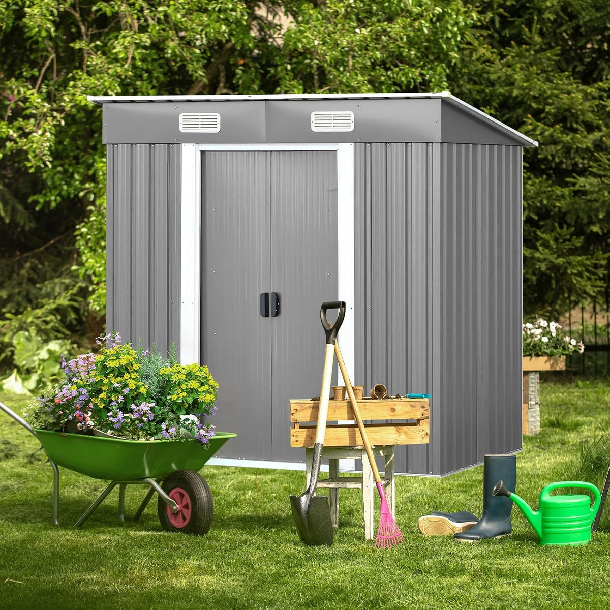 Panana Metal Garden Shed Storage Sheds Heavy Duty Outdoor FREE Base Foundation Green/Grey Color (6X4 Grey)
