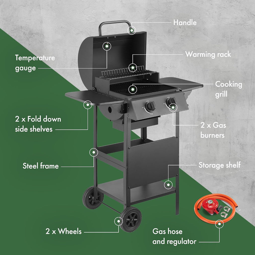 VonHaus Gas BBQ – Barbecue with x2 Gas Burners, Warming Rack, Fold Down Shelves, Temperature Gauge, Wheels, Large Cooking Grill & More – Barbeque that can Grill Meat, Fish & Vegetables
