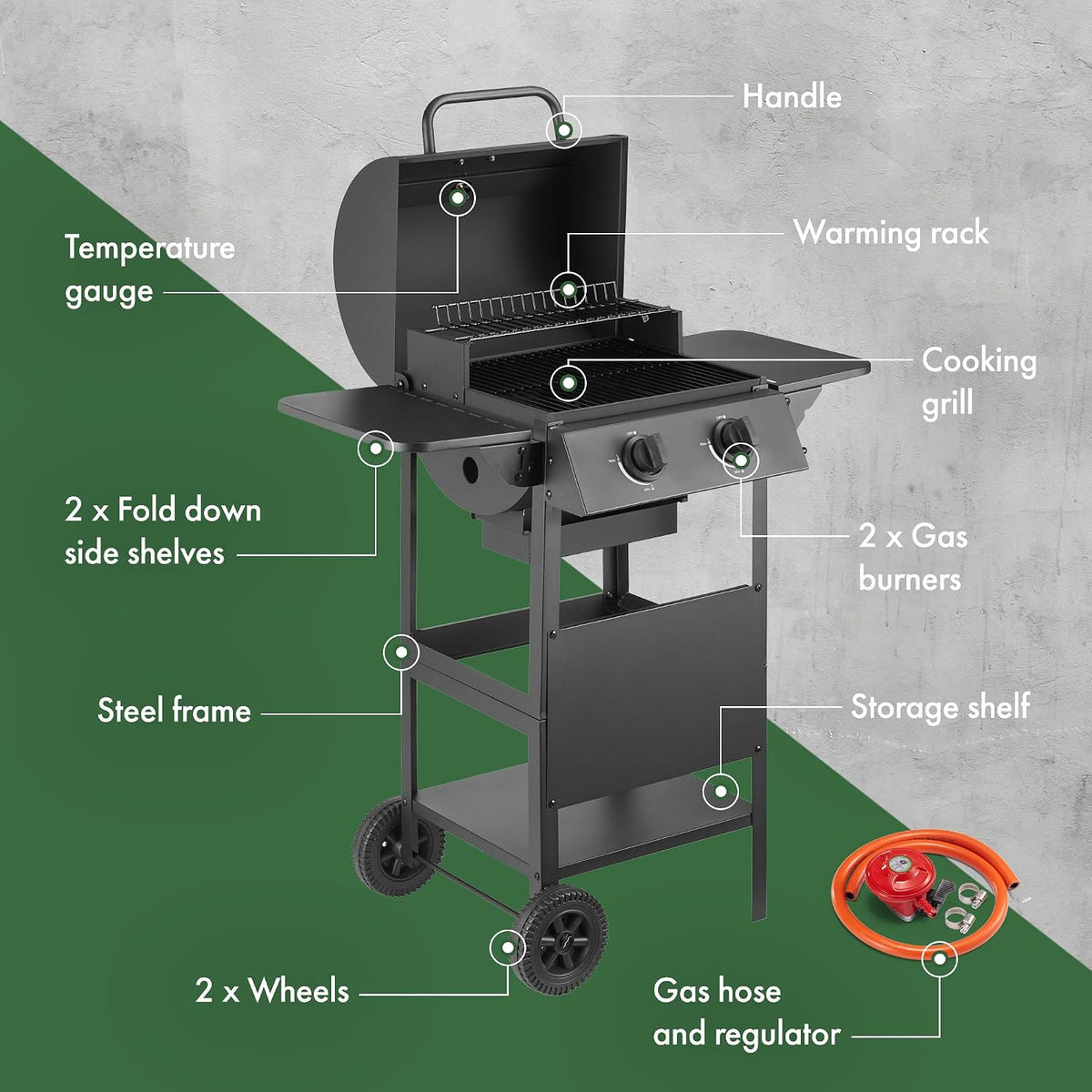 VonHaus Gas BBQ – Barbecue with x2 Gas Burners, Warming Rack, Fold Down Shelves, Temperature Gauge, Wheels, Large Cooking Grill & More – Barbeque that can Grill Meat, Fish & Vegetables