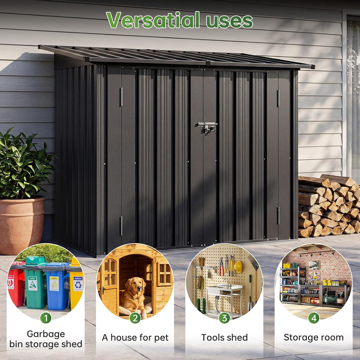 Aoxun 4.7x2.9ft(Overall Dimensions) Metal Garden Shed, Openable Front & Top Doors, Outdoor Galvanized Tool Storage Shed, Sheds and Outdoor Storage for Backyard Garage Lawn, Black