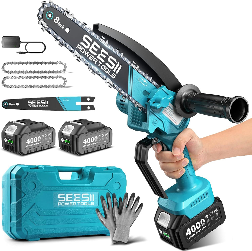 SEESII 8 Inch Mini Cordless Chainsaw with 4000mAh x2 Batteries