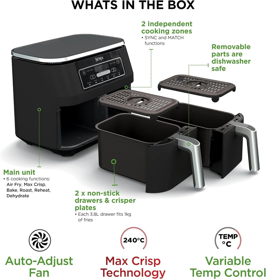 Ninja Foodi 6-in-1 Dual Zone 7.6L Air Fryer, 2 Drawers, Black AF300UK