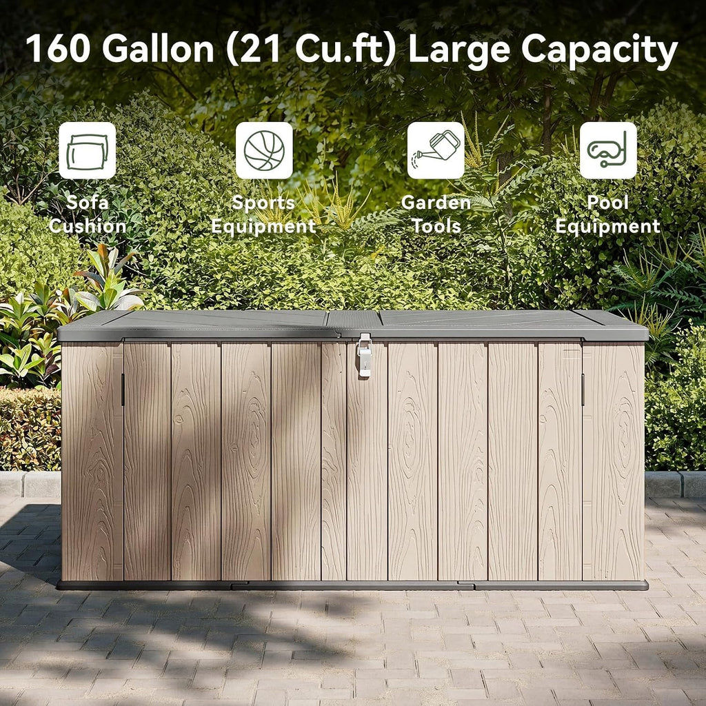 Garden Storage Box,600L Waterproof Resin Deck Box Bench with Lockable Lid & Handles,Outdoor Storage Box for Cushion Tool Toy and Pool Accessories(Brown)