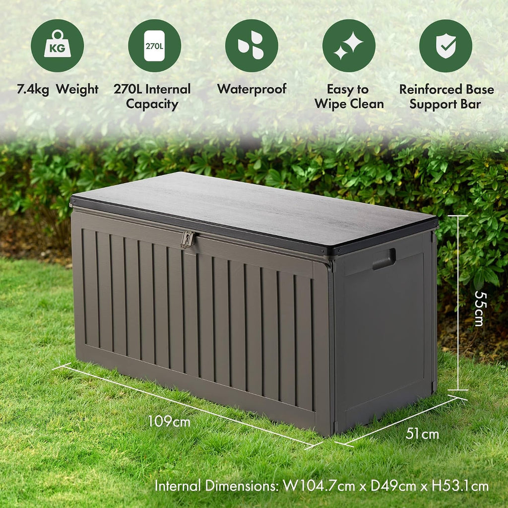 VonHaus Garden Storage Box 270L – Outdoor Utility Chest Organiser – Weatherproof Plastic, Lockable Lid, Sliding Bar Hinge, Carry Handles, Portable – For Garden, Patio, Balcony, Decking – Grey, Black