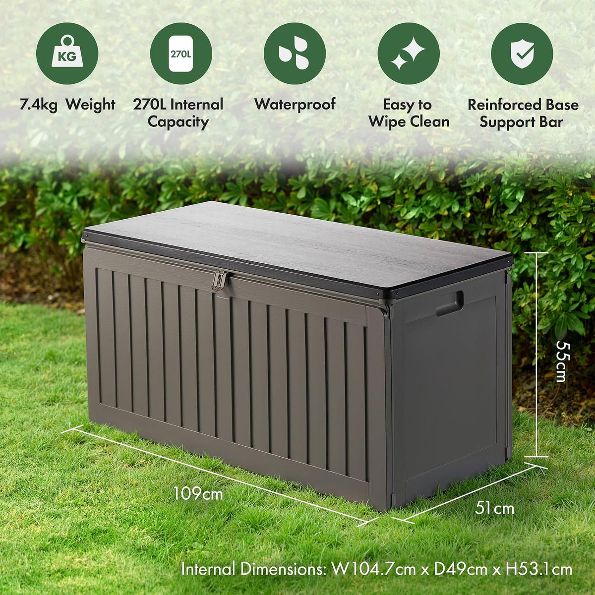 VonHaus Garden Storage Box 270L – Outdoor Utility Chest Organiser – Weatherproof Plastic, Lockable Lid, Sliding Bar Hinge, Carry Handles, Portable – For Garden, Patio, Balcony, Decking – Grey, Black