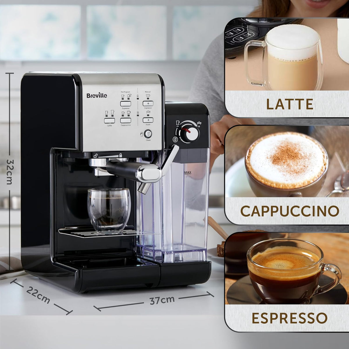 Breville One-Touch CoffeeHouse Coffee Machine | EspressoCappuccino & Latte Maker | 19 Bar Italian Pump | Automatic Milk Frother | ESE Pod Compatible | Black [VCF107]