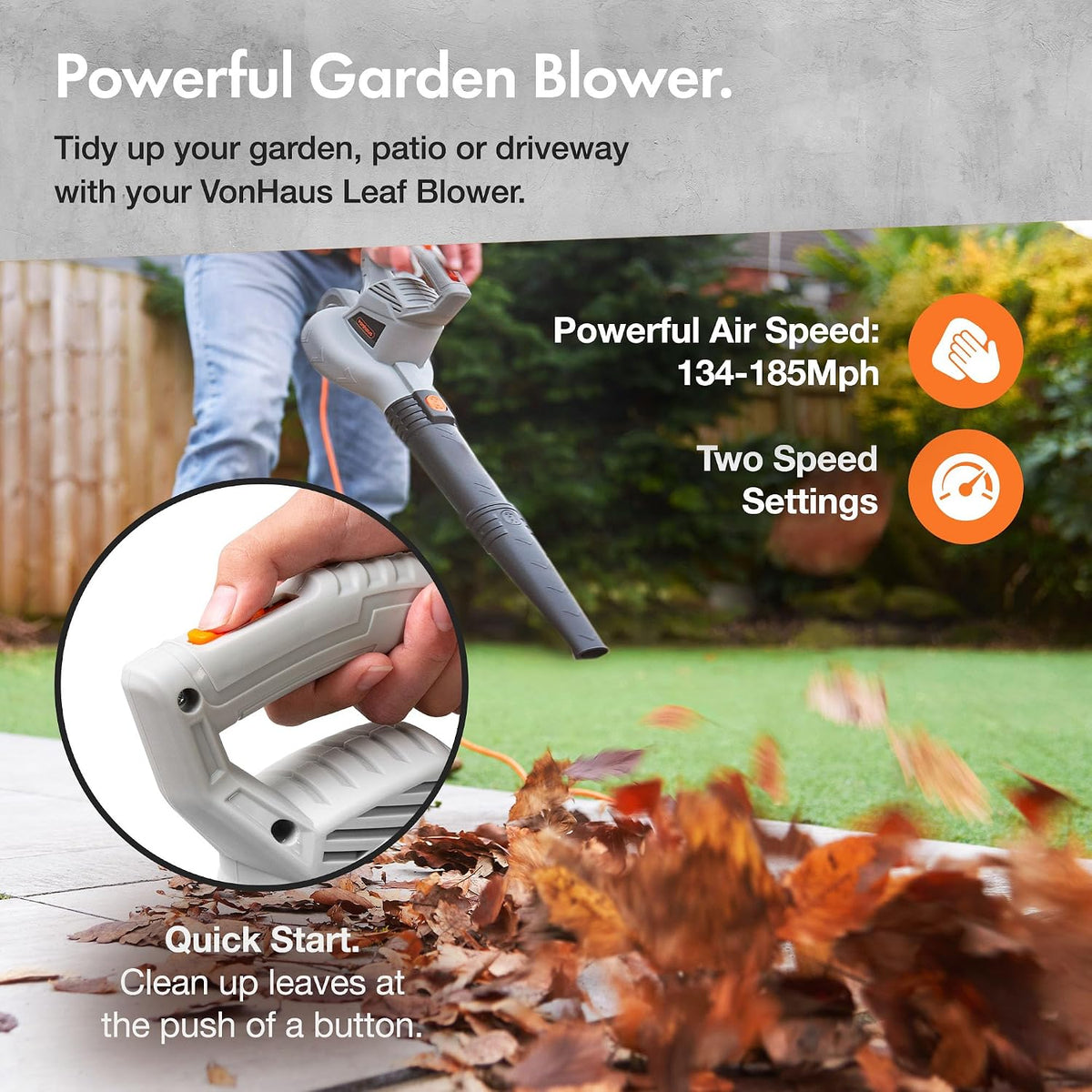 VonHaus Leaf Blower Corded 3000W – 8m Cable, Detachable Chute, 2 Speeds