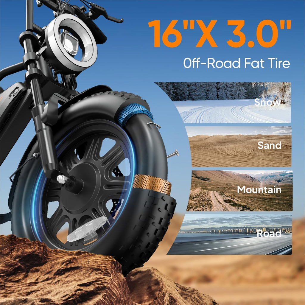 URLIFE Electric Bike for Adults, 16" x 3.0 Fat Tires Ebike, Range 100KM, 48V 13Ah Removable Battery and 250W Brushless Motor Electric Bicycle, Dual Suspension, Color LCD Display E Bike for Teens