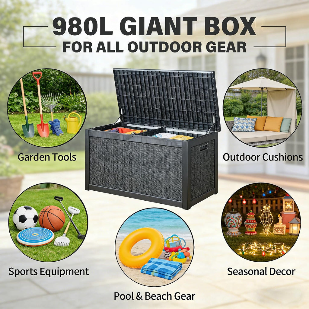 Aweather 980L Garden Furniture Storage Box, Large Capacity Patio Outdoor Container with Lockable Lid, Weather Resistant Shed for Tools, Cushions, Accessories