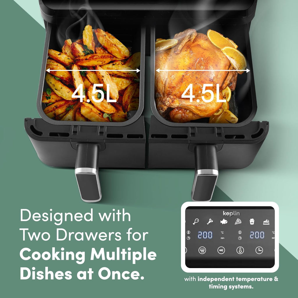 Keplin 9L Dual Zone Air Fryer - 8in1 Cooking Functions - 2700W Energy-Saving Cooker - Extra-Large Capacity for Healthy Meals - Roast, Bake, Dehydrate, Reheat,- Family Size -2 Years Warranty