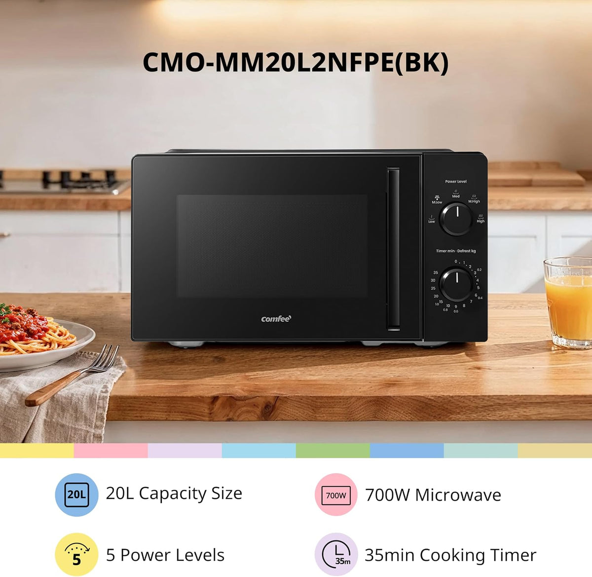 COMFEE' 20L Compact Black Microwave Oven, 700W Solo Manual Countertop Microwave with 5 Power Levels, Quick Defrost, Easy Clean, Dial Timer, Ideal for Small Kitchens - CMO-MM20L2NFPF(BK)