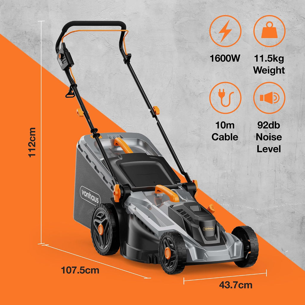 VonHaus Lawnmower Corded 1600W – 42L Box, 10m Cable