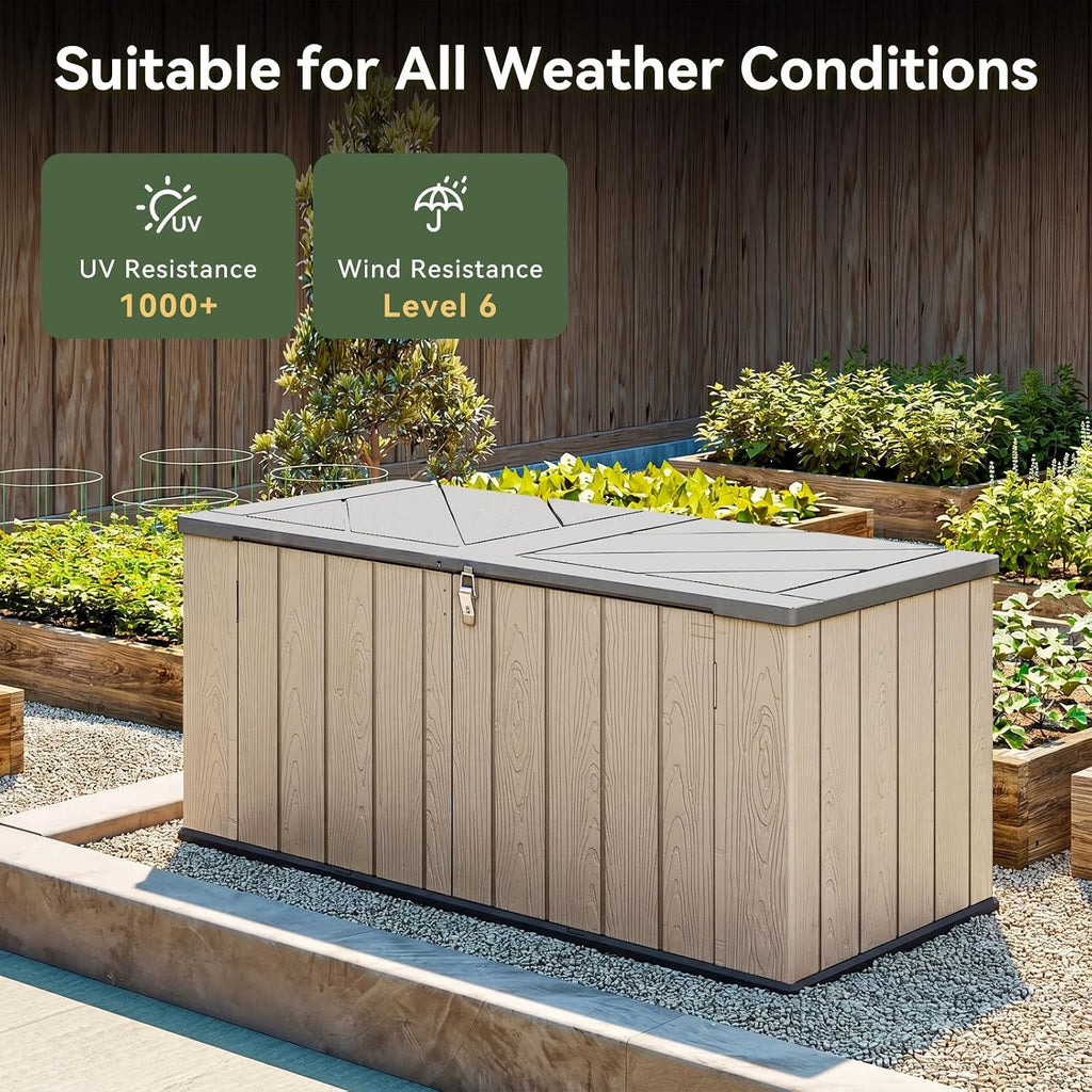 Garden Storage Box,600L Waterproof Resin Deck Box Bench with Lockable Lid & Handles,Outdoor Storage Box for Cushion Tool Toy and Pool Accessories(Brown)