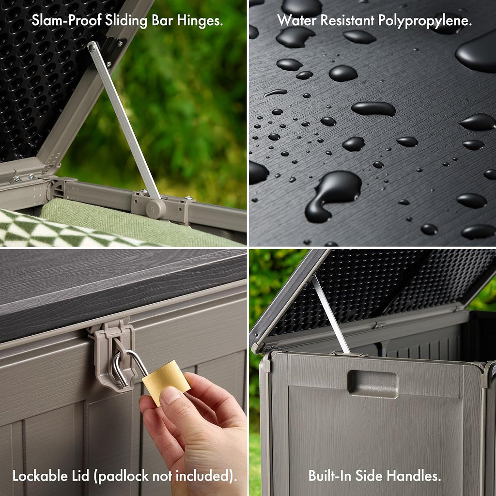 VonHaus Garden Storage Box 270L – Outdoor Utility Chest Organiser – Weatherproof Plastic, Lockable Lid, Sliding Bar Hinge, Carry Handles, Portable – For Garden, Patio, Balcony, Decking – Grey, Black