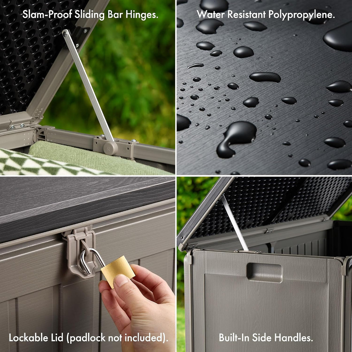 VonHaus Garden Storage Box 270L – Outdoor Utility Chest Organiser – Weatherproof Plastic, Lockable Lid, Sliding Bar Hinge, Carry Handles, Portable – For Garden, Patio, Balcony, Decking – Grey, Black